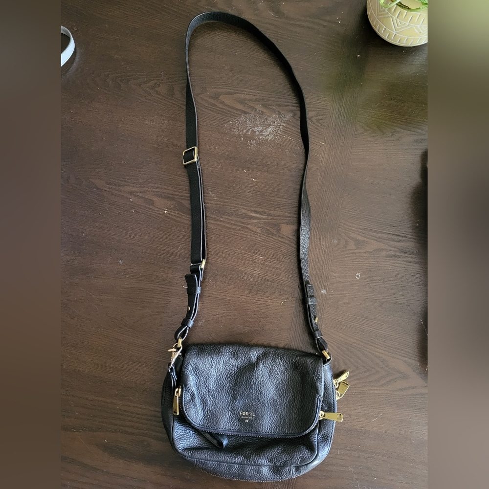 Black Fossil Crossbody Bag with Gold Accents